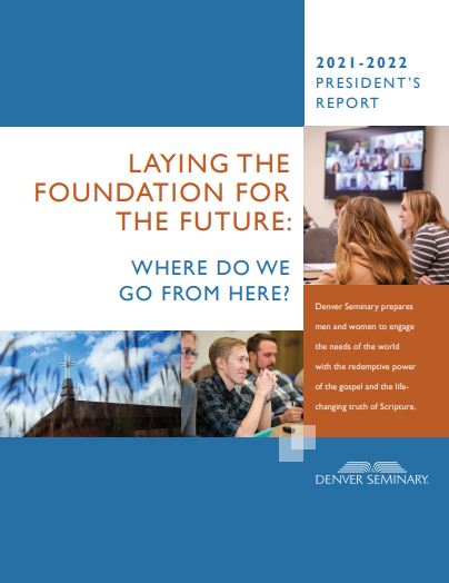 cover of presidents report including campus photo and students in classrooms