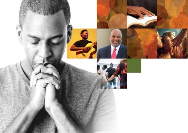 several images of black men and women, folding hands, playing guitar, smiling at camera